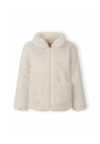 Kremo spalvos minkštas kailinis švarkas su apvalia apykakle, priekiniais užtrauktukais ir dviem kišenėmis. Textūruotas audinys su jaukia išvaizda.