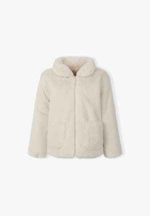 Kremasto obarvana, mehka krznena jakna z zaobljenim ovratnikom, sprednjim drsnikom in dvema zakrpana žepoma. Teksturna tkanina s prijetnim videzom.