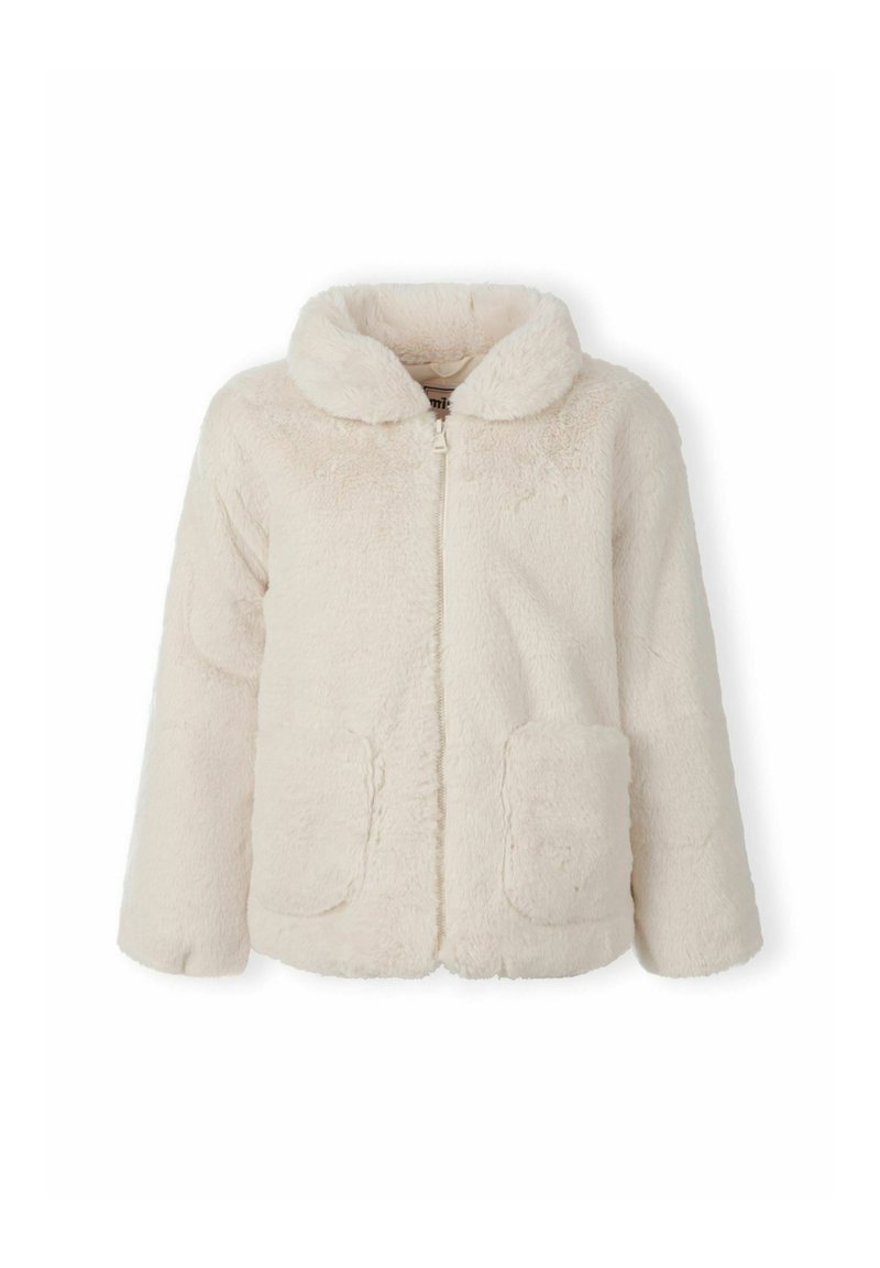 Kremo spalvos minkštas kailinis švarkas su apvalia apykakle, priekiniais užtrauktukais ir dviem kišenėmis. Textūruotas audinys su jaukia išvaizda.