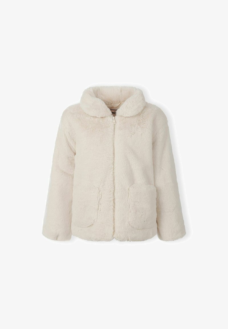 Kremo spalvos minkštas kailinis švarkas su apvalia apykakle, priekiniais užtrauktukais ir dviem kišenėmis. Textūruotas audinys su jaukia išvaizda.