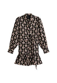 Black floral dress with long sleeves, a wrap design, and ruffled hem. Features cream and mauve flower patterns throughout. Soft textile.