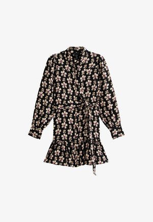 Czarna sukienka w kwiaty z długimi rękawami, o kroju kopertowym i falbaniastym dołem. Posiada kremowe i mauve wzory kwiatowe na całej powierzchni. Miękki materiał.