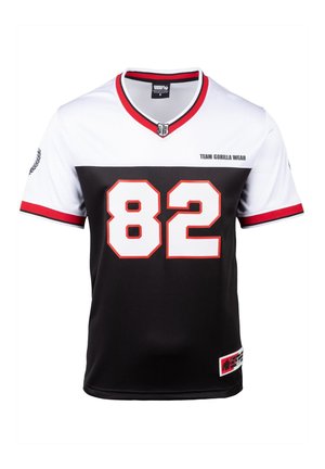 Zwart-witte sporttrui met een rode kraag en accenten, voorzien van het nummer 82 in het wit, gemaakt van ademende stof.