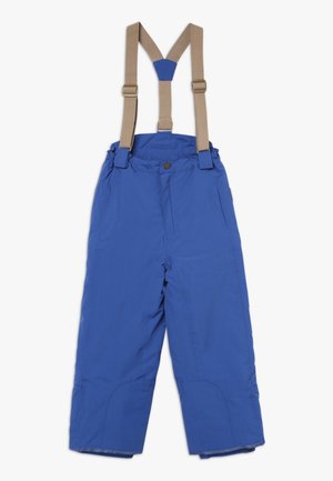 Niebieskie spodnie narciarskie z beżowymi szelkami, o luźnym kroju, z dwoma kieszeniami i wzmocnionymi kolanami. Wykonane z trwałego, wodoodpornego materiału.