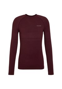 Bordowa bluzka z długim rękawem wykonana z elastycznego materiału z fakturowanym wzorem. Posiada okrągły dekolt i białe logo marki "FALKE".