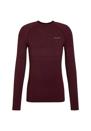Bordeauxrotes Langarmshirt aus elastischem Material mit strukturierter Oberfläche. Verfügt über einen Rundhalsausschnitt und den Markennamen "FALKE" in Weiß.