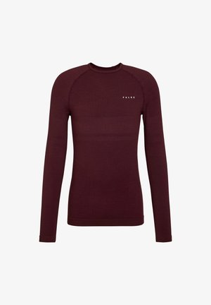 Bordowa bluzka z długim rękawem wykonana z elastycznego materiału z fakturowanym wzorem. Posiada okrągły dekolt i białe logo marki "FALKE".