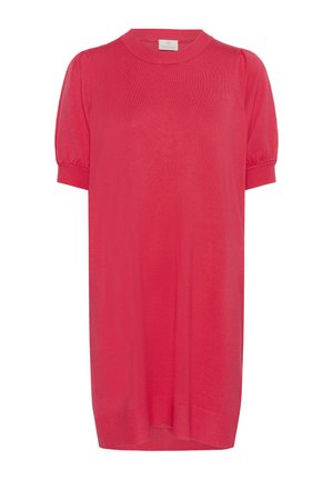 Abito in maglia corallo a maniche corte con scollatura tonda, maniche a sbuffo e orlo a costine. Morbido al tatto e con una vestibilità rilassata.