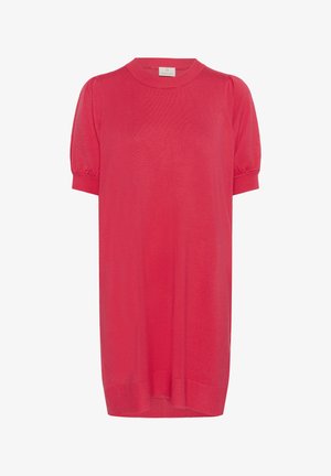 Abito in maglia corallo a maniche corte con scollatura tonda, maniche a sbuffo e orlo a costine. Morbido al tatto e con una vestibilità rilassata.