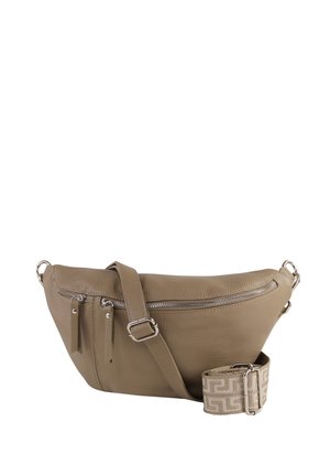 Taupekleurige leren tailletas met twee voorvakjes met rits, verstelbare band en een decoratieve beige stoffen band met patroon die naast de tas is opgerold.