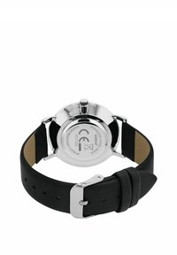 Schwarzes Armband aus Leder mit einem Edelstahlgehäuse, das auf der Rückseite silberfarben ist und Angaben zur Wasserbeständigkeit sowie eine Aufzugkrone aufweist.