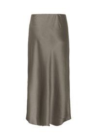 Olivengrøn satin midi-nederdel med en glat, blank tekstur, elastisk talje og en subtil A-linjeform, der fremhæver et enkelt design.
