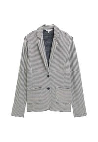 Striped blazer featuring a black and white color scheme, two front pockets, and a collared neckline with a single-button closure.