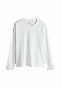 Langärmliges weißes T-Shirt aus Baumwolle mit rundem Ausschnitt, lockerer Passform und leicht gesenkten Schultern. Glatte Textur, keine Muster oder Akzente.