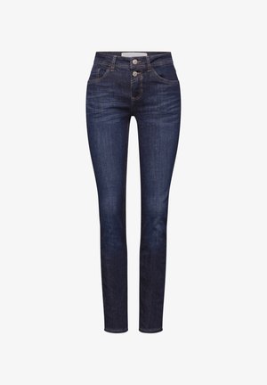 Ciemnoniebieskie jeansy o dopasowanym kroju, z lekkim wyblaknięciem, podwójnym zapięciem na guziki, przednimi kieszeniami i szlufkami na pasek.