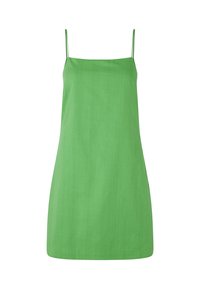 Robe verte sans manches en tissu léger, avec une coupe droite et des fines bretelles. Texture lisse et design simple.