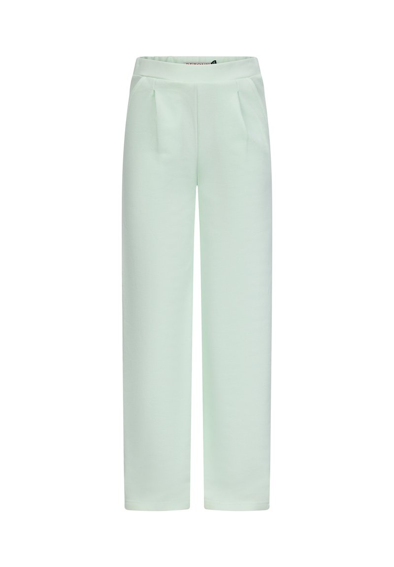 Pantaloni verde menta chiaro realizzati in un tessuto morbido, con vita alta, due tasche anteriori e un design rilassato a gamba dritta.