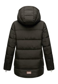Black puffer jacket with hood, featuring quilted panels, a curved hem, and a logo patch on the lower back. Zippered side pockets.