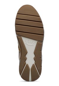 Suola di scarpa con una base in gomma brunita e testurizzata, caratterizzata da un motivo a zigzag, scanalature per una migliore aderenza e una sezione bianca per supporto.
