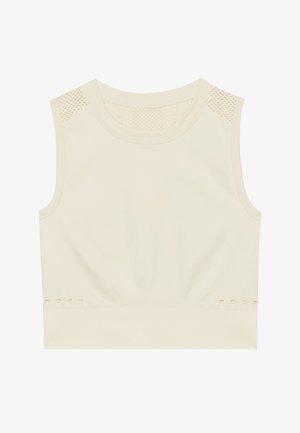 Top cropped sem mangas creme com detalhes em malha texturizada e um padrão canelado na barra e nos ombros. Apresenta detalhes recortados discretos.