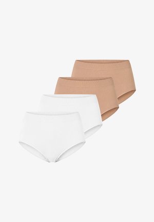 Dwa beżowe i dwa białe damskie bezszwowe majtki z wysokim stanem ułożone w nachodzące na siebie rzędy na białym tle.