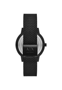 Svart mesharmbandsur med rund, svart boett och vit urtavla. Har en lås med "A/X"-logotyp. Texturerat armband och minimalistisk design.