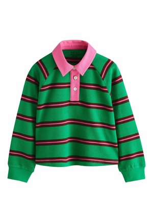 Zelené rugby tričko s dlhým rukávom s ružovými a hnedými horizontálnymi pruhmi, ružovým golierom a tromi bielymi gombíkmi na zapínaní.