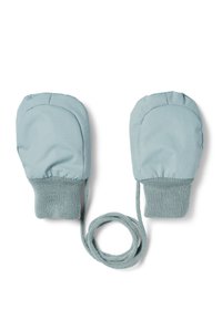 Ljusblå vantar med ett mjukt texturerat tyg och stickade muddar, kopplade med en matchande snodd för säker användning. Rundad form utan dekorationer.