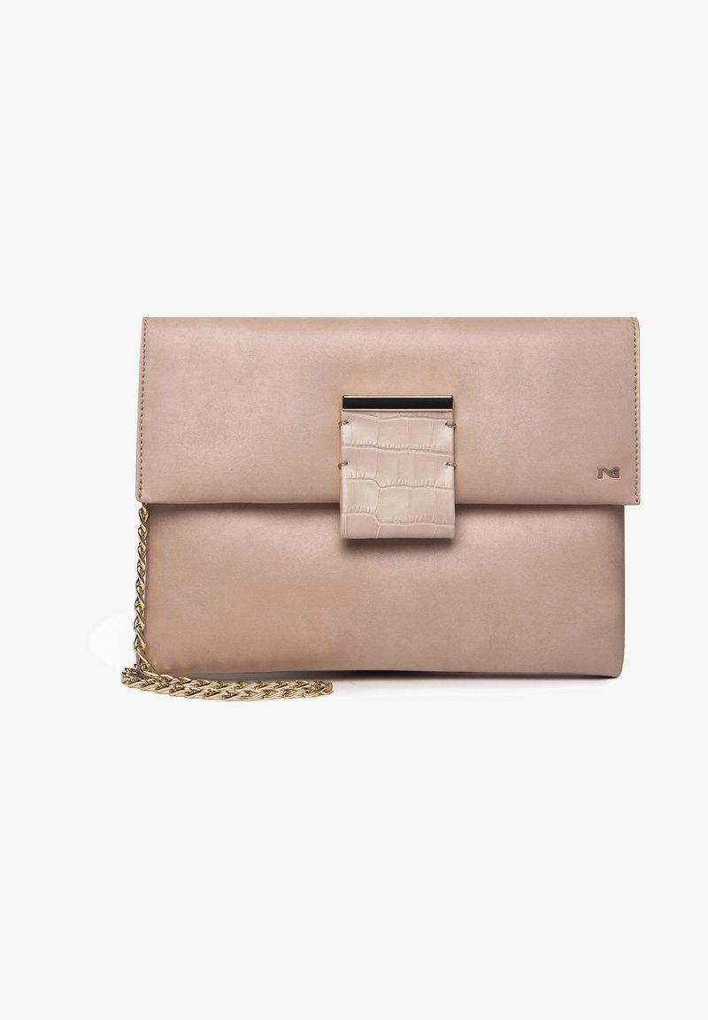 Pochette en similicuir rose blush avec un rabat texturé embossé effet croco. Comprend une bandoulière chaîne dorée et un détail métallique sur la fermeture.