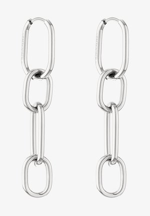 Zilverkleurige hangers met een ketting, die onderling verbonden ovale en vierkante vormen tonen, met een gladde, glanzende afwerking en een minimalistisch ontwerp.