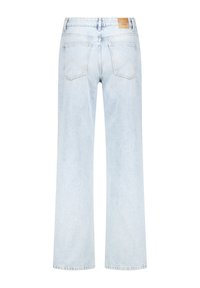 Light blue denim wide-leg jeans with a high waist, featuring a brown leather brand label, five-pocket design, and clean, straight hems.