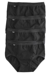 Caleçons en coton noir dans un pack de quatre. Présente une texture lisse, une taille élastique et des bords cousus. Étiquettes visibles dans le coin supérieur.