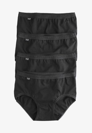 Czarne bawełniane figi w opakowaniu czterech sztuk. Charakteryzują się gładką fakturą, elastycznym pasem i przeszytymi krawędziami. Etykiety widoczne w górnym rogu.