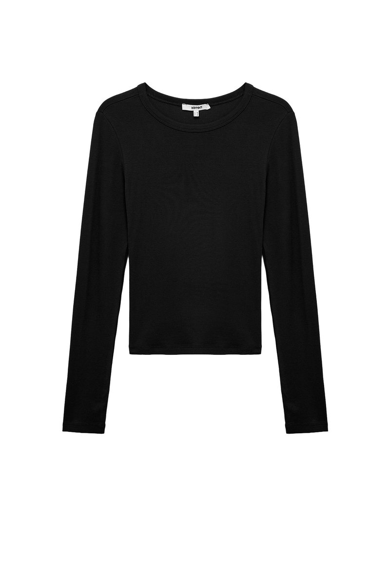 Schwarzes Langarmshirt aus weichem Stoff, mit Rundhalsausschnitt, enganliegendem Design und cropped Saum. Keine sichtbaren Muster oder Akzente.