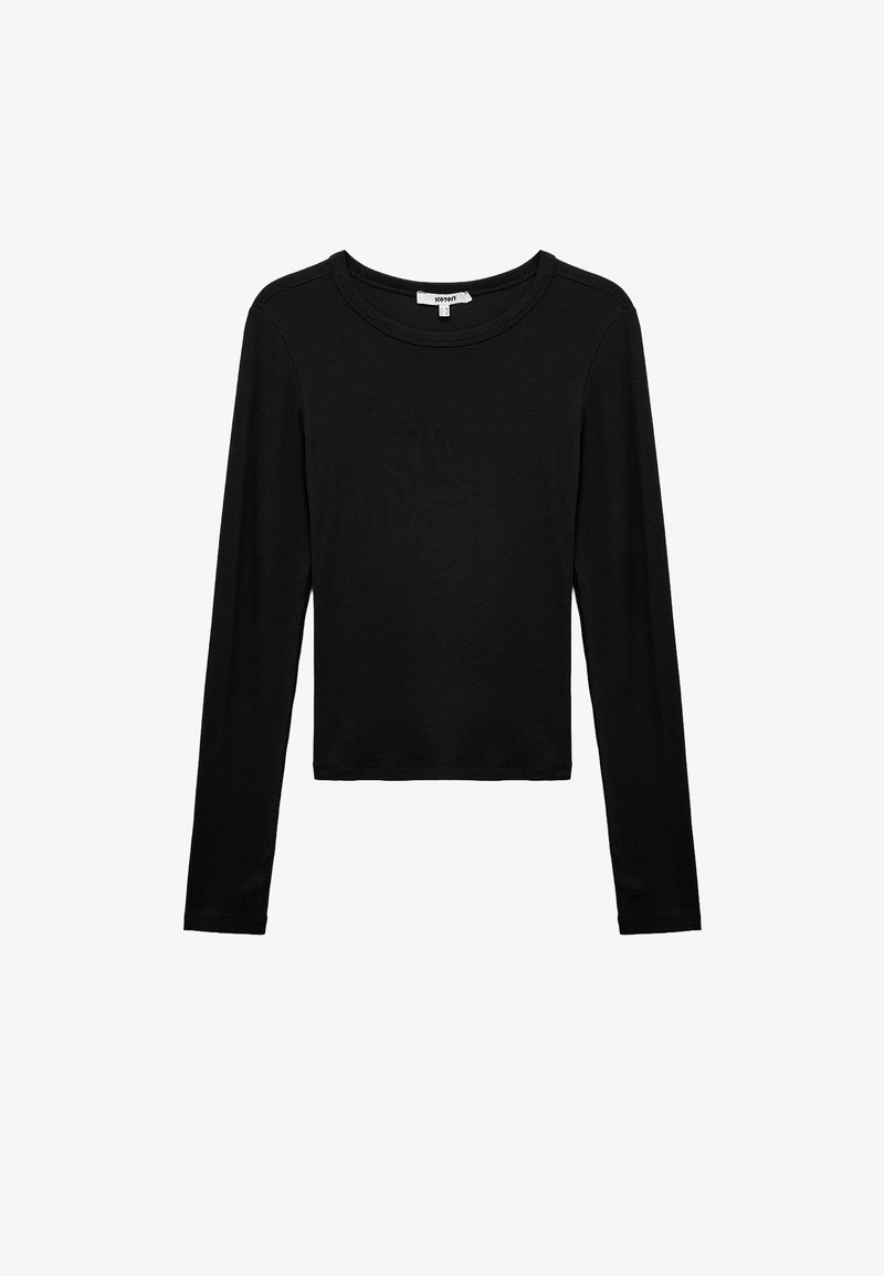 Schwarzes Langarmshirt aus weichem Stoff, mit Rundhalsausschnitt, enganliegendem Design und cropped Saum. Keine sichtbaren Muster oder Akzente.