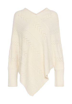 Crème-kleurige gebreide poncho met een V-hals, voorzien van een chevronpatroon en ribbels in de mouwen. Zachte textuur en asymmetrische zoom.