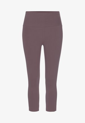 Dark mauve, high-waisted leggings made from stretchy material. Features a smooth texture and a tapered design ending at mid-calf.