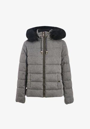 Doudoune grise avec capuche bordée de fausse fourrure, fermeture zippée à l'avant et design matelassé. Comprend des cordons de serrage ajustables et des poches latérales.