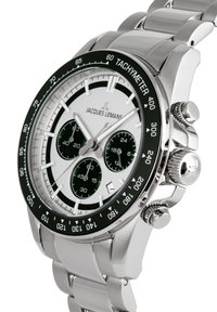 Edelstahl-Chronographenuhr mit silbernem Zifferblatt, grünen Akzenten, Tachymeter-Lünette und drei Zusatzanzeigen für zusätzliche Funktionalität.
