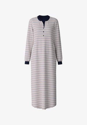 Striped nightgown with long sleeves, featuring a navy collar and cuff accents, buttons at the neckline, soft fabric, and a loose fit.
