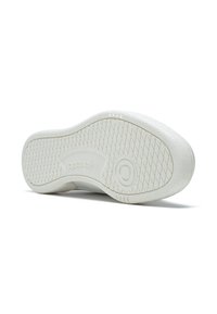 Semelle de chaussure en caoutchouc blanc avec une surface texturée, comportant un logo circulaire central et un motif de semelle en losange pour une meilleure adhérence.