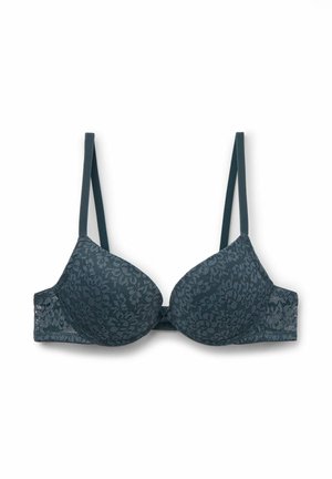 Soutien-gorge en dentelle bleu canard avec des bonnets rembourrés, des bretelles réglables et un motif floral. Fermeture au dos avec une finition douce et texturée.