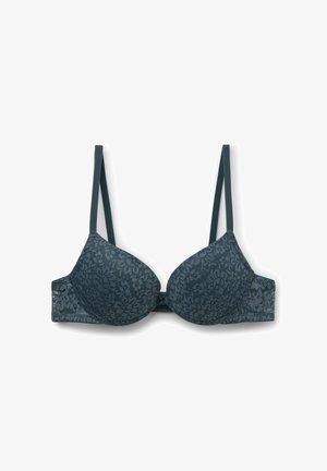 Dark teal lace bra with padded cups, adjustable straps, and a floral pattern. Back closure with a soft, textured finish.