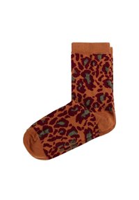 Calcetines con estampado de leopardo en óxido, con acentos en rojo oscuro y verde, puño acanalado, textura suave y puntera reforzada.