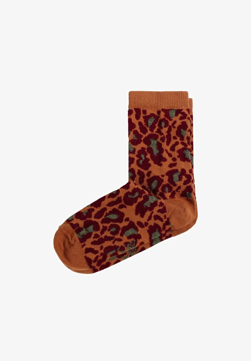 Calcetines con estampado de leopardo en óxido, con acentos en rojo oscuro y verde, puño acanalado, textura suave y puntera reforzada.