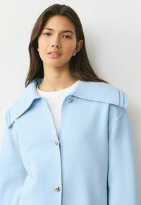 Jasnoniebieski wełniany płaszcz z dużym kołnierzem, srebrnym zapięciem na guziki i subtelnymi pionowymi paskami na kołnierzu. Miękka tekstura.