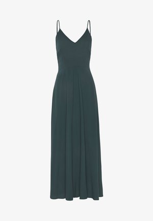 Robe maxi vert foncé sans manches avec fines bretelles et encolure en V, avec une jupe fluide plissée.