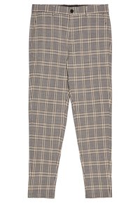 Gray plaid trousers with a checkered pattern in beige and white. Features a smooth texture and standard waistband with a single button closure.