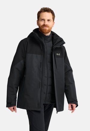 Mann mit rotem Bart, der eine schwarze Outdoorjacke mit Reißverschluss und Kapuze trägt und vor einem einfarbigen hellen Hintergrund steht.