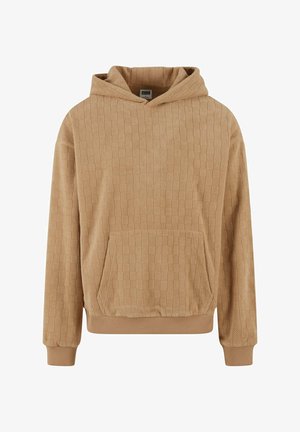 Beige pullover hoodie with a textured pattern, kangaroo pocket, and ribbed cuffs and hem. Features an adjustable drawstring hood.